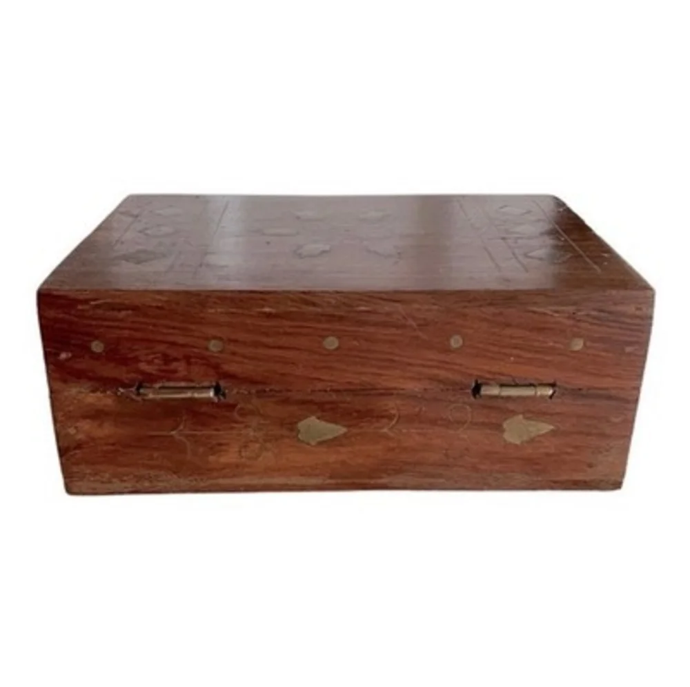 Vintage Wood Jewelry Box Golden Floral Inlay India 6